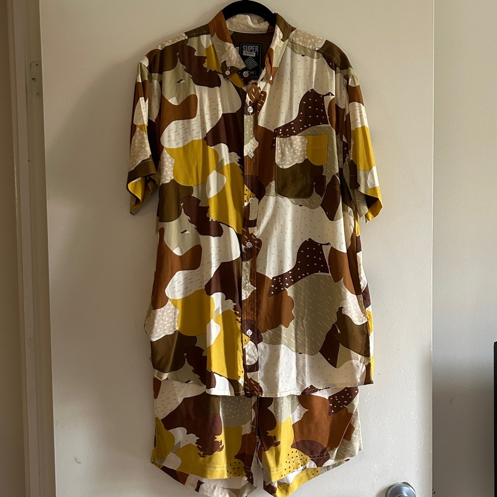 Abstract button up shirt drawstring shorts